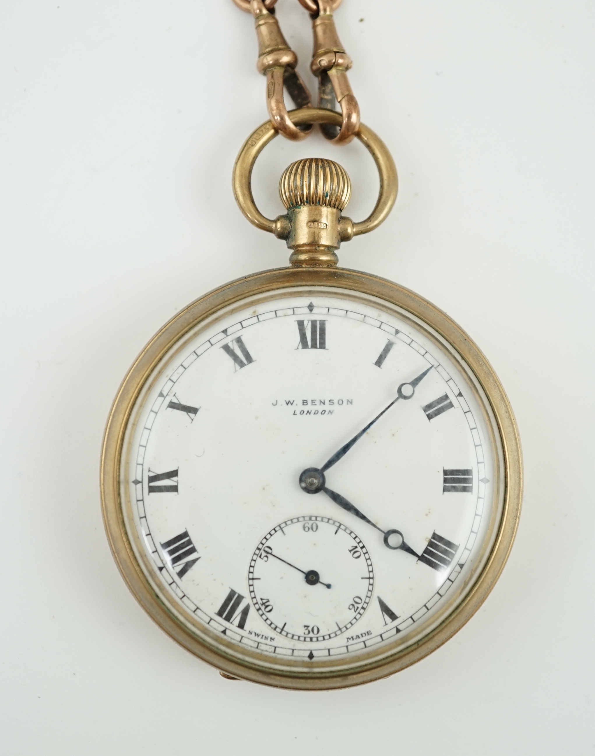 A George V J.W. Benson 9ct gold open face keyless pocket watch, with a 9ct gold curb link albert